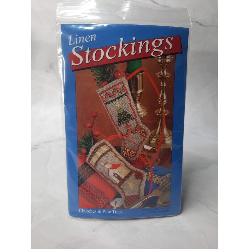 Yarn Tree Counted Cross Stitch Linen Stocking Kit Churches and Pine Trees 8365